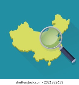 Yellow Map of China in 3D on a blue background in the style of flat design on which a magnifying glass zooms in