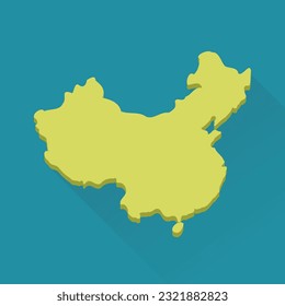 Yellow map of China with an emboss effect isolated on a  blue background and shadow with the flat design style