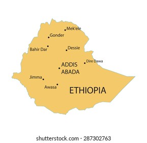 yellow map of Ethiopia with indication of largest cities