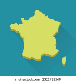 Yellow map of France with an emboss effect isolated on a  blue background and shadow with the flat design style