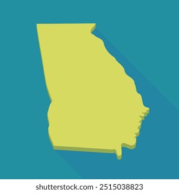 Mapa amarillo de Georgia con un efecto de relieve aislado sobre un fondo azul con sombra (diseño plano)