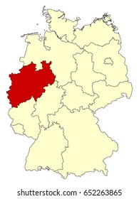 Yellow map of Germany with federal state North Rhine-Westphalia isolated in red. Vector EPS10