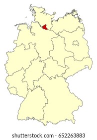 Yellow map of Germany with federal state Hamburg isolated in red. Vector EPS10