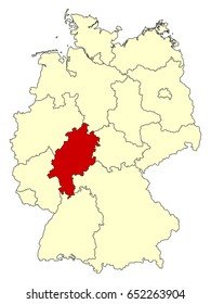Yellow map of Germany with federal state Hesse isolated in red. Vector EPS10