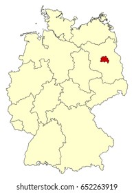 Yellow map of Germany with federal state Berlin isolated in red. Vector EPS10