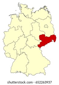 Yellow map of Germany with federal state Saxony isolated in red. Vector EPS10