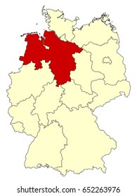 Yellow map of Germany with federal state Lower Saxony isolated in red. Vector EPS10