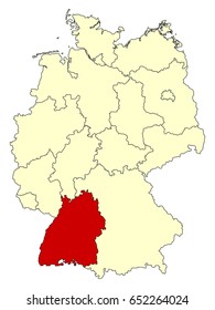 Yellow map of Germany with federal state Baden-Württemberg isolated in red. Vector EPS10