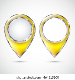 Yellow map markers / Map pointer / Location  icon. Concept of route, landmark, adventure, explore. Vector illustration