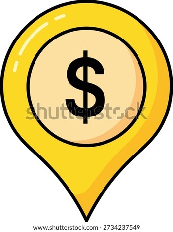 Yellow map pin marker with black dollar sign inside light beige circle location marker currency symbol