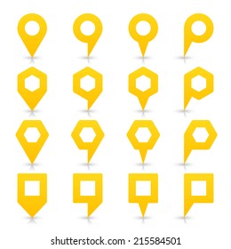 Yellow map pin sign location icon with empty copy space and gray shadow, reflection on white background  in simple flat style. Web design element save in vector illustration 8 eps