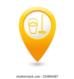 Yellow map pointer with bucket and mop for cleaning icon. Vector illustration isolated on white background