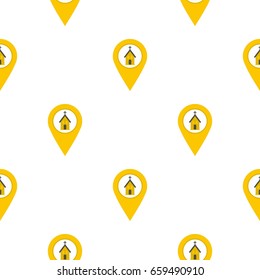 Yellow map pointer with church, cathedral or temple sign pattern seamless flat style for web vector illustration