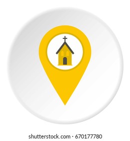 Yellow map pointer with church, cathedral or temple sign icon in flat circle isolated vector illustration for web