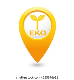 Yellow map pointer with Eco icon, ecological sign. Vector illustration