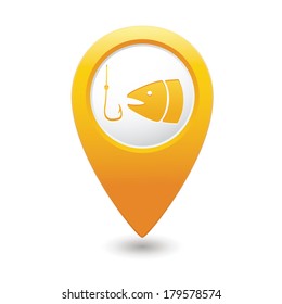 Yellow map pointer with fishing sign. Vector illustration