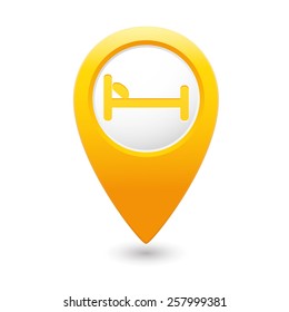 Yellow map pointer with hotel icon.