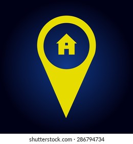 Yellow Map pointer with information icon  on a blue background