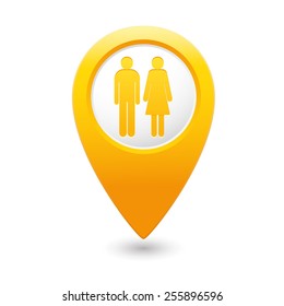 Yellow map pointer with man and woman icon. Vector illustration
