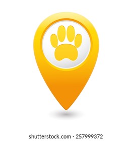 Yellow map pointer with pet paw icon.