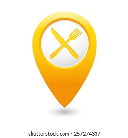 Yellow map pointer with restaurant icon. Vector illustration