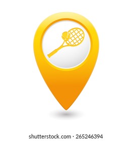 Yellow map pointer with tennis racket and ball icon.