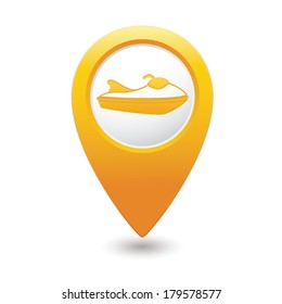 Yellow map pointer with water scooter icon. Vector illustration
