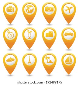 Yellow map pointers with travel icons. Part 1.Vector illustration.