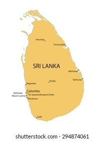 yellow map of Sri Lanka with indication of largest cities