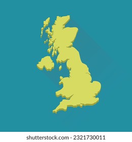 Yellow map of United Kingdom with an emboss effect isolated on a  blue background and shadow with the flat design style