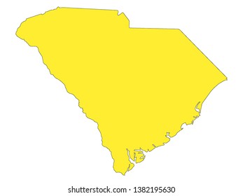 Yellow Map of US Federal State of South Carolina