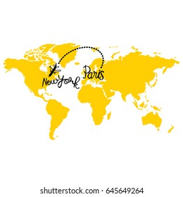 Yellow map of world. Aircraft. Paris and New York. Isolated vector object on white background.