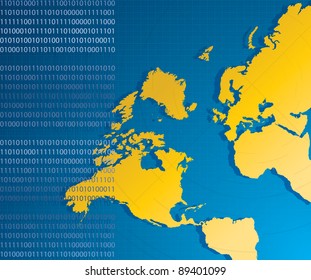 Yellow map of the world and binary code - technology background