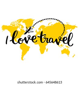 Yellow map of world. I love travel. Aircraft. Isolated vector object on white background.