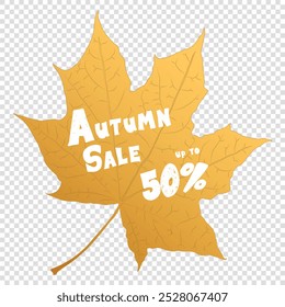 Gelbes Ahornblatt bis zu 50% für den Herbstverkauf mit transparentem Hintergrund. Geeignet für Werbeanzeigen, Webposts, Verkaufsanzeigen, Banner, Aufkleber