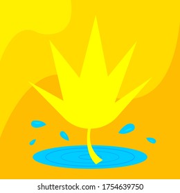 yellow maple leaf and puddle with flying drops on an orange abstract background concept of autumn and golden season wallpaper for design