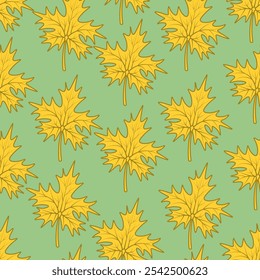 Yellow maple leaf. Seamless vector pattern. Part of the tree with veins. Isolated green background. Cartoon style. Repeating ornament of autumn leaves. The shape of the leaf is crown-shaped. 