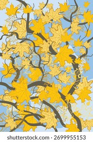 Yellow maple leaves on a tree against an autumn sky. The beauty of autumn nature. Vector illustration.