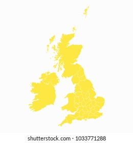 Yellow map-UK Counties map. Each city and border has separately for your infographics and earth template for website. Vector illustration eps 10.