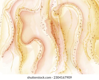 Yellow marble texture pattern background with gold lines. Golden abstract watercolor brush liquid alcohol ink illustration