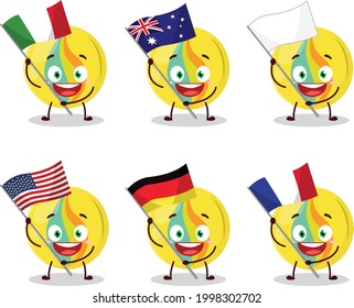 Yellow marbles cartoon character bring the flags of various countries. Vector illustration