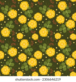 gelbe Ringelblume auf unendlichem Hintergrund. Blumen und Blätter mit Beeren auf dunklem Hintergrund. endloses Muster für Textilien und Papier.