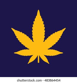 Yellow marijuana leaf vector icon. Blue background