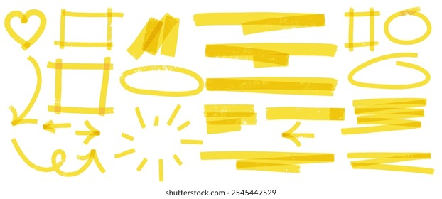 Yellow mark and brush stroke vector set with arrows, hearts, boxes and underline. Hand drawn doodles, shapes and icons.