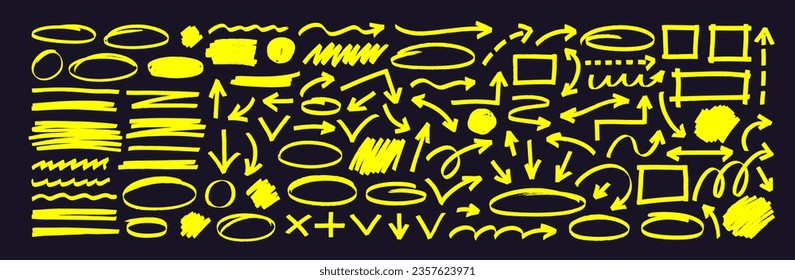 Yellow marker arrows, highlighters, underlines, different frames and symbols for hand drawn diagrams. Bright yellow oval frames and hand drawn doodles vector set. Marker pen highlight underline stroke