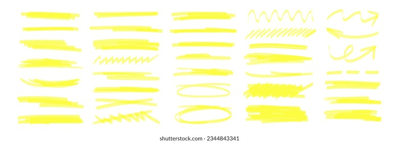 Yellow marker brush lines. Highlighter underline scribbles. Paint pen handdrawn strokes. Vector illustration of grunge freehand watercolor ink pencil marks