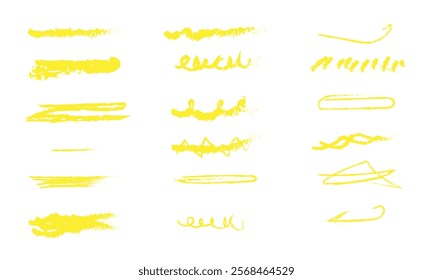 Yellow marker brush lines. Highlighter underline scribbles. Paint pen handdrawn strokes. Vector illustration of grunge freehand watercolor ink pencil marks	