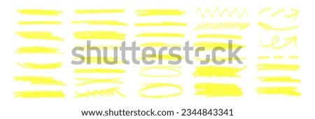 Yellow marker brush lines. Highlighter underline scribbles. Paint pen handdrawn strokes. Vector illustration of grunge freehand watercolor ink pencil marks
