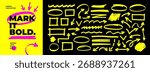 Yellow marker highlight set. Underlines, emphasis elements and arrows for hand drawn notes and text design. Vector bold marker strokes, ovals and rectangle frames. Hand drawn highlighters.