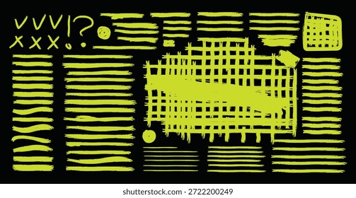 Yellow marker highlight set. Underlines, emphasis elements and for hand drawn notes and text design. Vector bold marker strokes, black background. vector illustraiton.